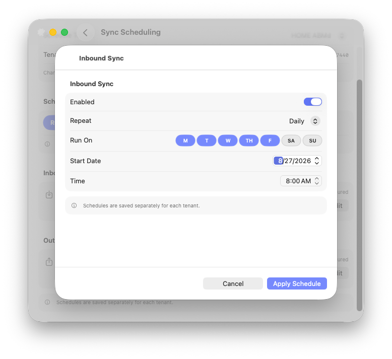 ABM Warranty inbound schedule editor configured for weekday runs at 8 AM