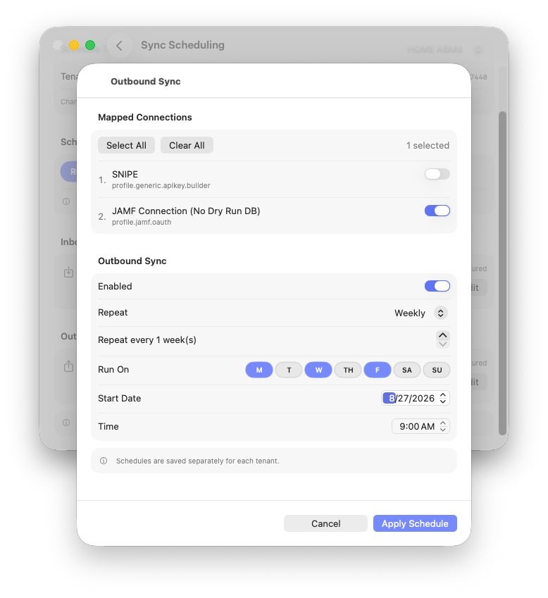 ABM Warranty outbound schedule editor with a mapped Jamf Pro connection and weekly recurrence