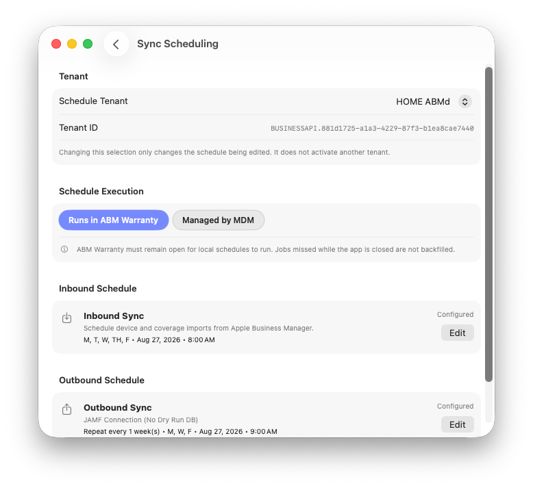 ABM Warranty Sync Scheduling overview with tenant-aware inbound and outbound schedules