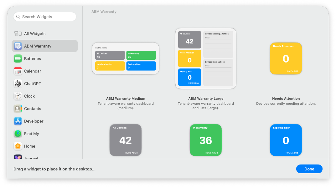 Add ABM Warranty widgets from macOS edit widgets panel