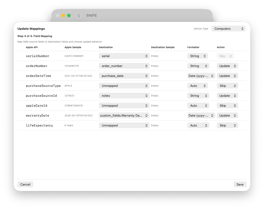 API Builder step 3 for ABM to destination field mapping