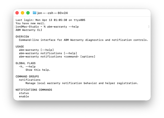 ABM Warranty command line interface output and diagnostics