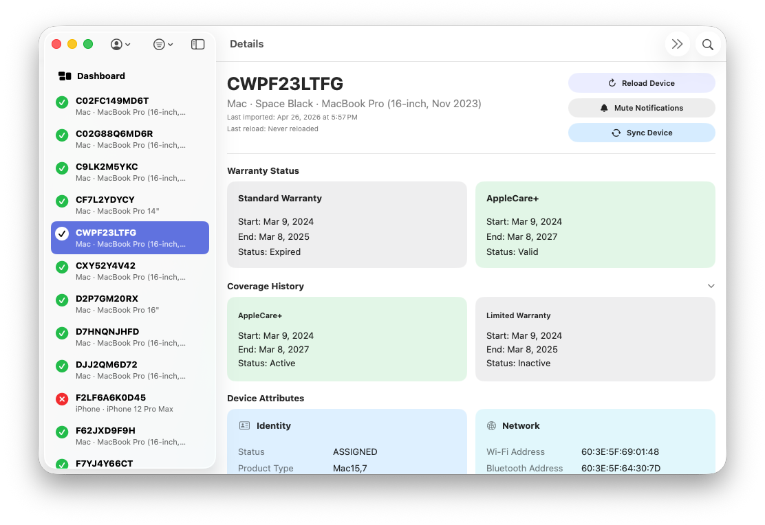 AppleCare+ renewals status view in ABM Warranty