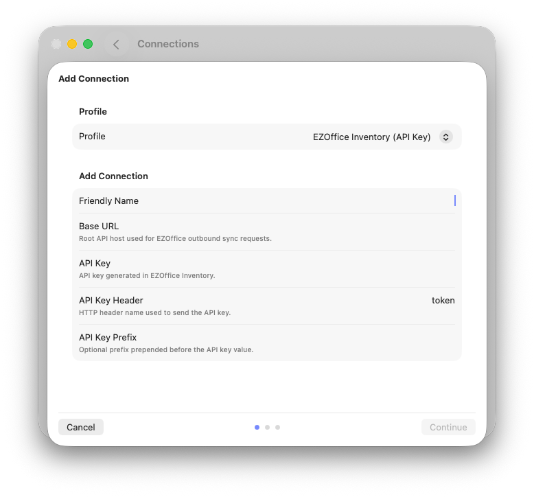 Enter the information into the EZO API Connection Wizard