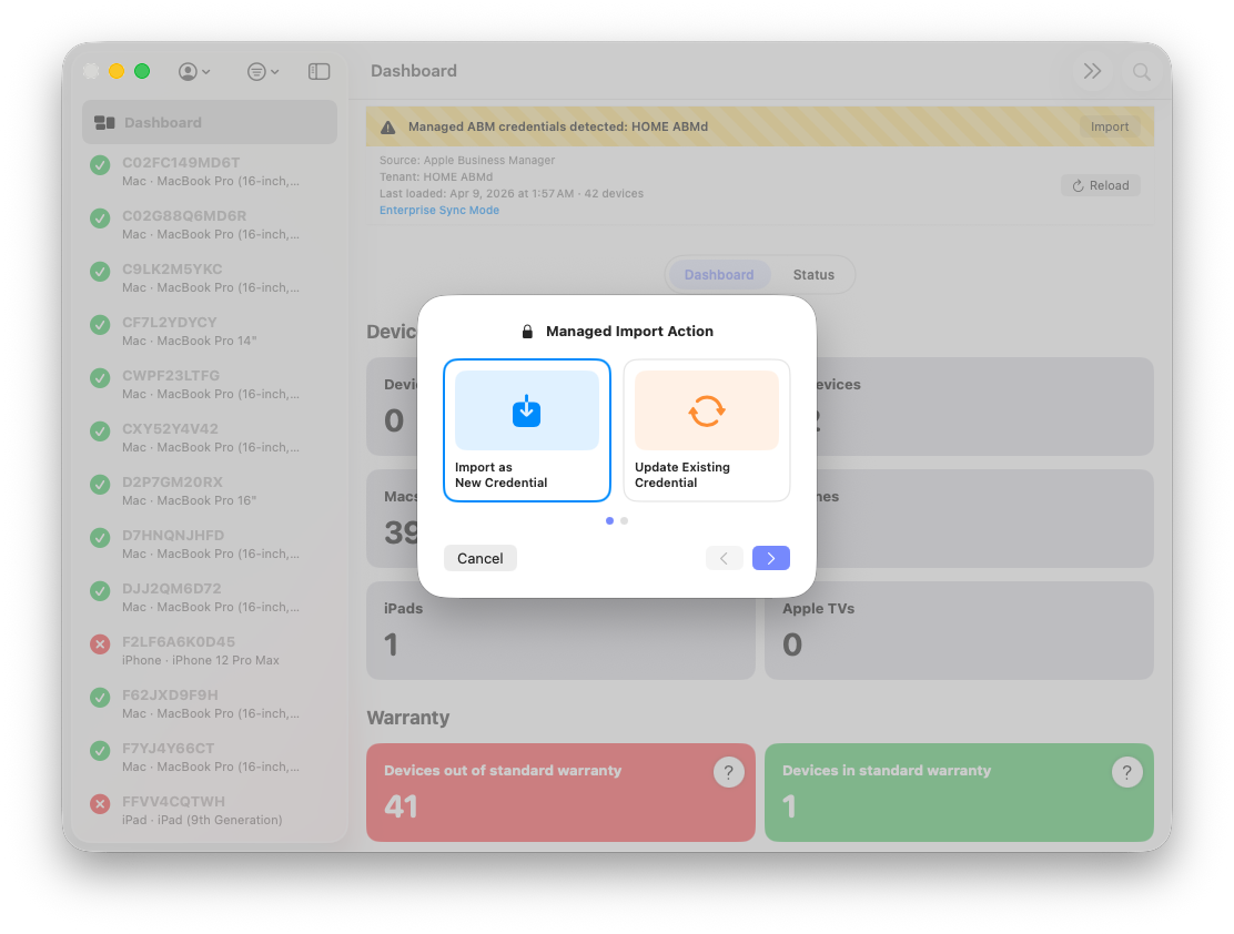 Import managed credentials in ABM Warranty