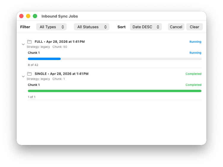 Inbound Apple Business API reload status view showing running, completed, failed, and canceled states