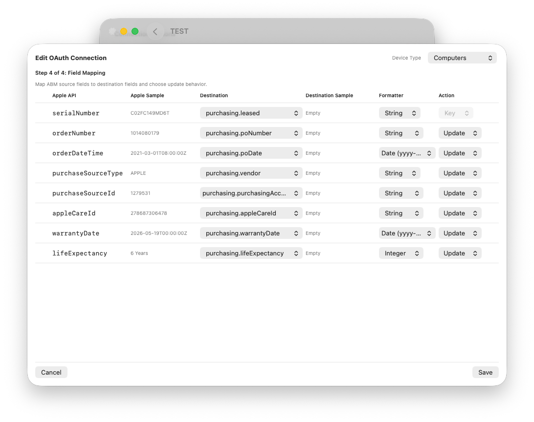 OAuth Builder step 3 for ABM to destination field mapping
