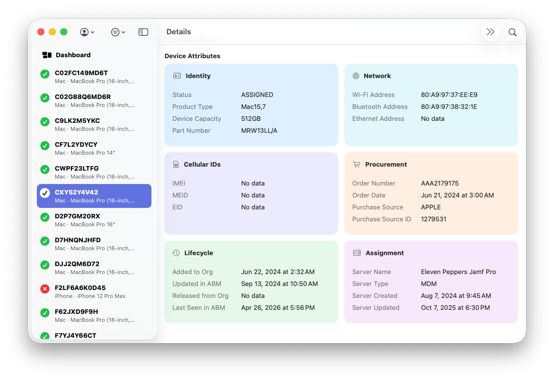 Enhanced device detail view with coverage history and attribute cards