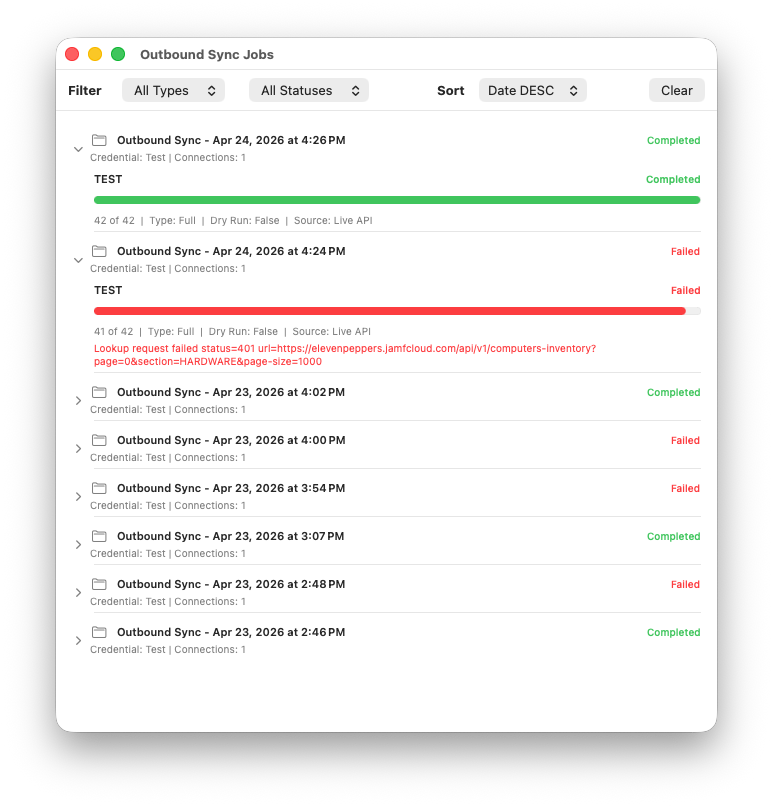 Outbound Jobs dashboard view with dry run and progress diagnostics