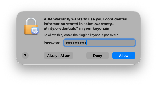 ABM Warranty Keychain authorization prompt and access flow