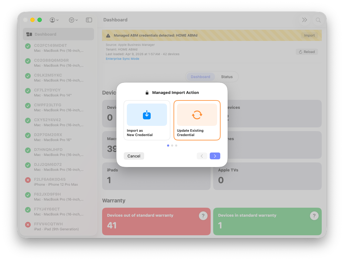 ABM Warranty credential replacement and migration workflow