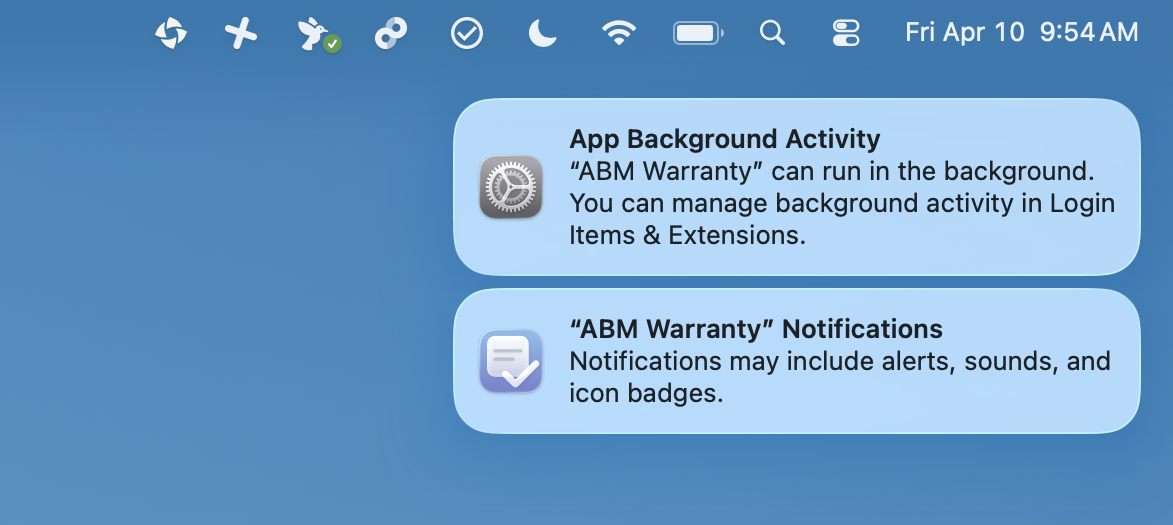 ABM Warranty notification permission prompts and helper alerts