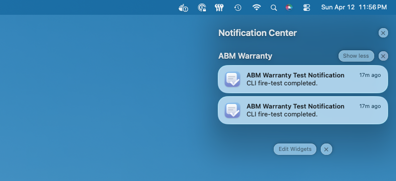 ABM Warranty notification hit test example
