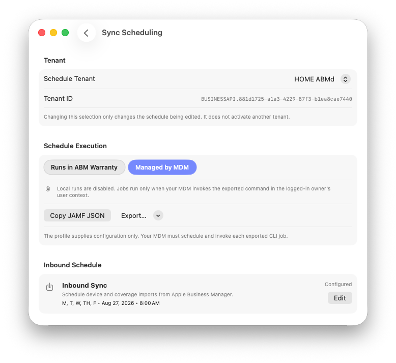 Sync Scheduling tenant selector and Managed by MDM execution controls