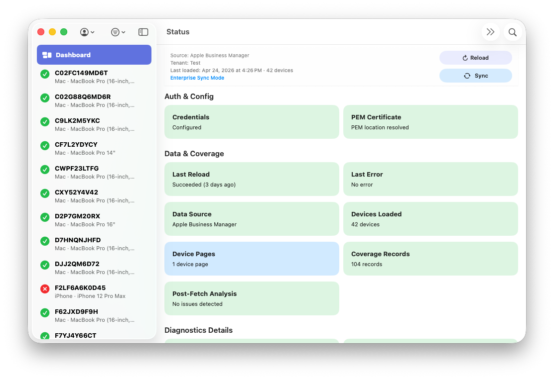 Status Dashboard view in ABM Warranty