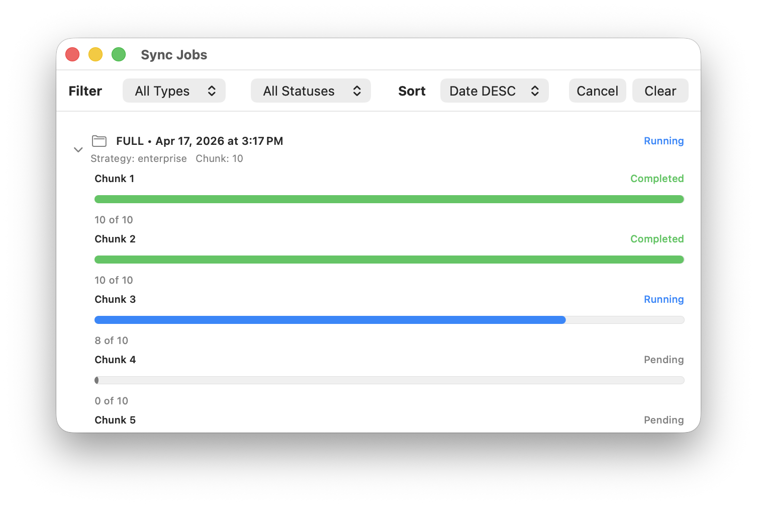 Expanded Sync Jobs detail with chunk-level progress