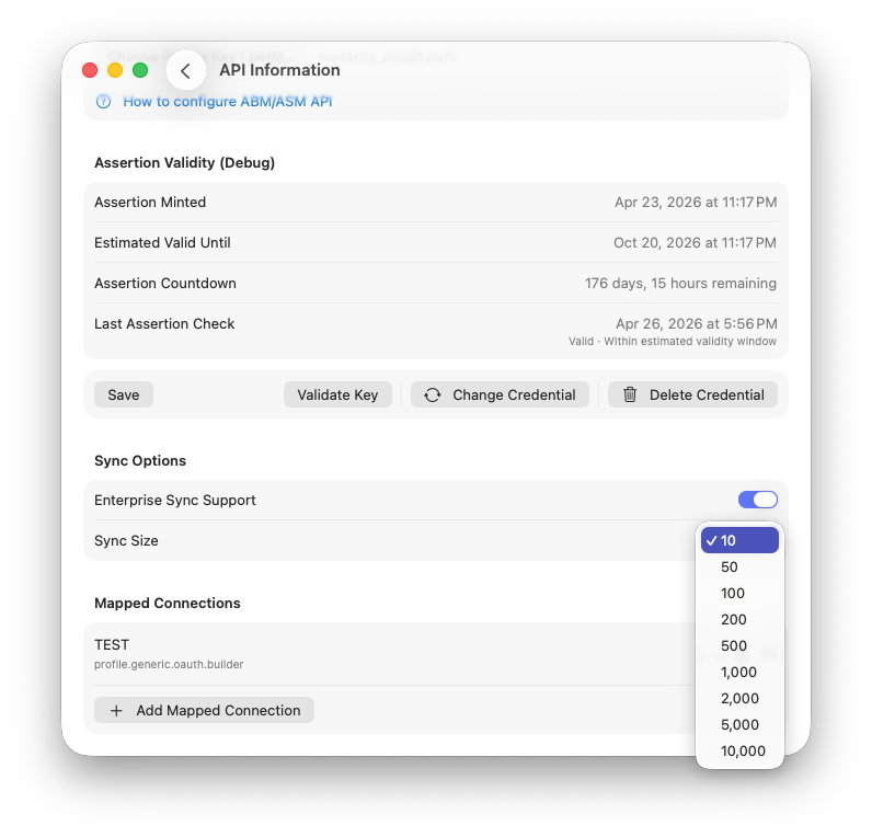 Sync Size settings dropdown for chunk size selection