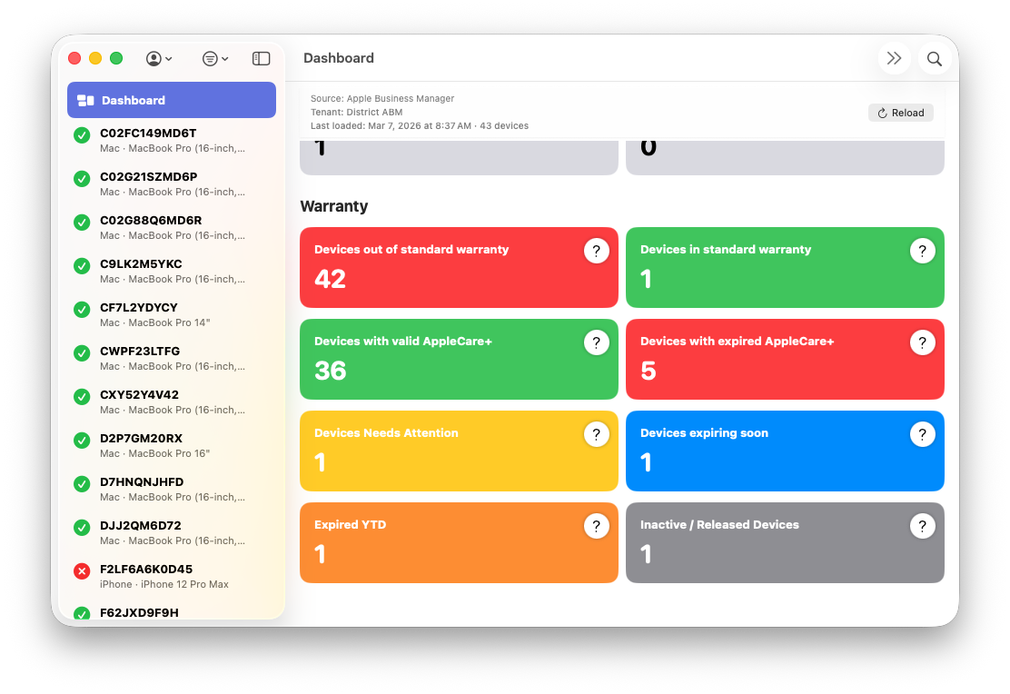ABM Warranty status dashboard with warranty and AppleCare+ coverage details