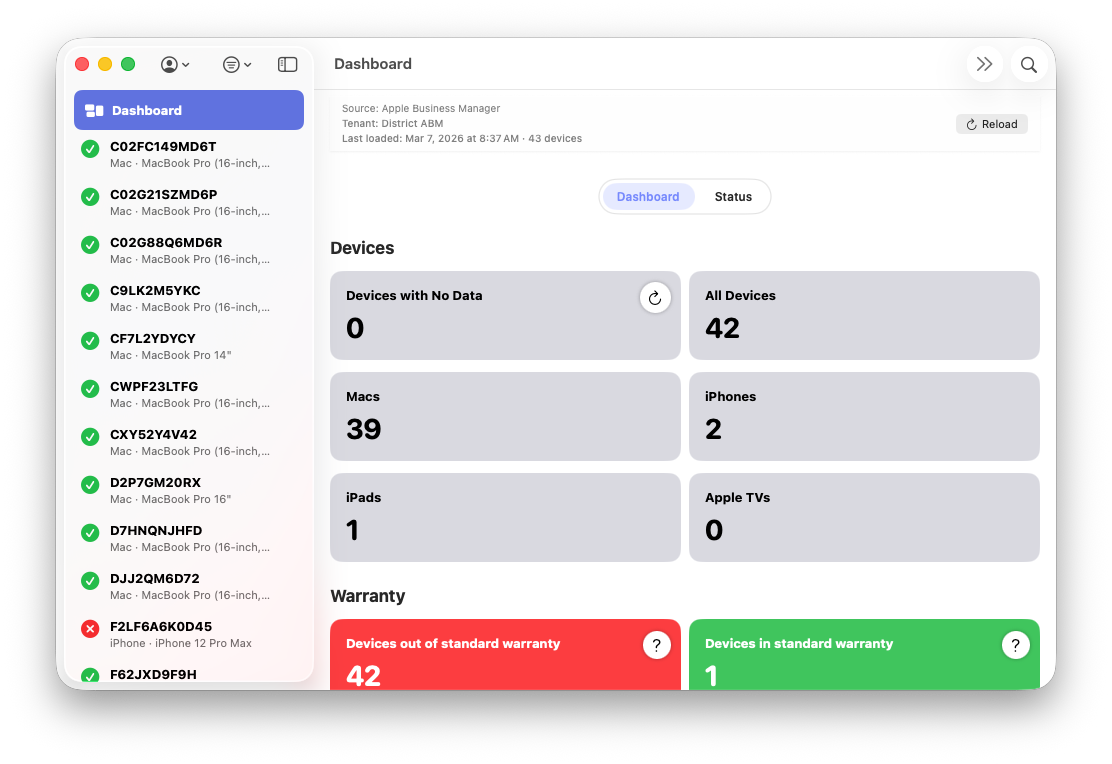 ABM Warranty device inventory screenshot