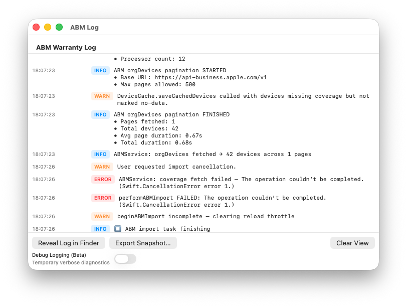 ABM Warranty advanced logging and diagnostics for API synchronization