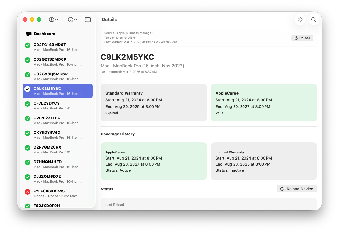 ABM Warranty device view from Apple Business Manager or Apple School Manager