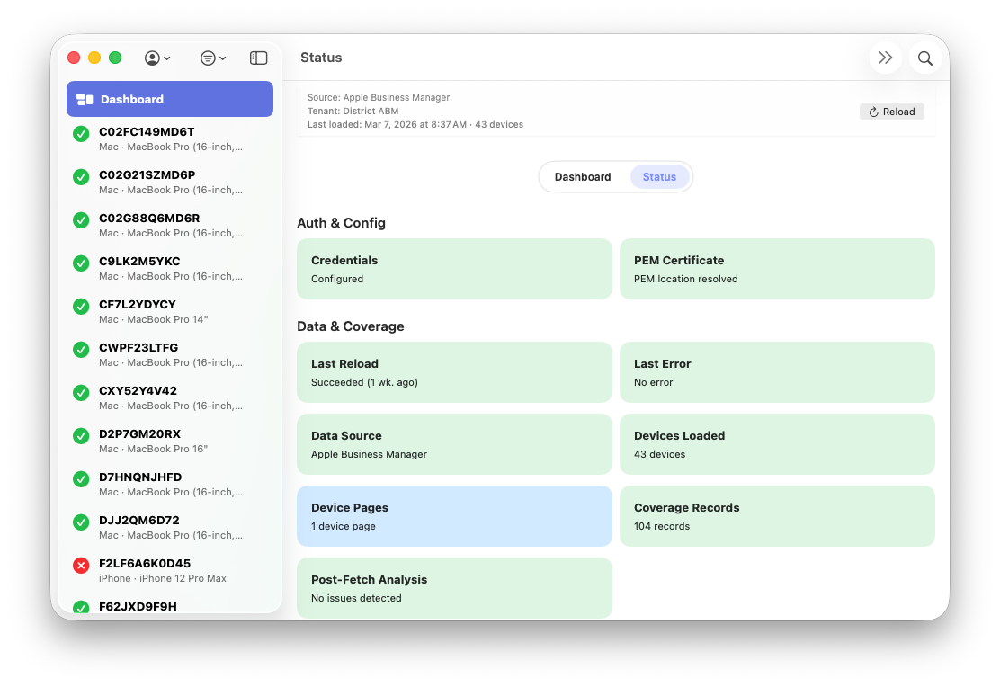 ABM Warranty status information including credentials and sync details