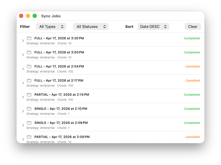 ABM Warranty Sync Jobs view with chunk-level progress and job outcomes