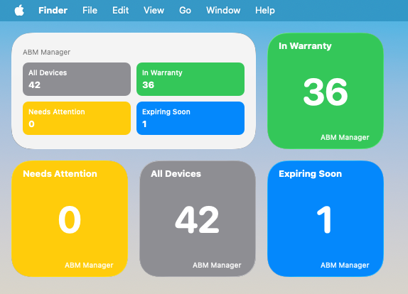ABM Warranty Desktop Widgets showing fleet warranty counts